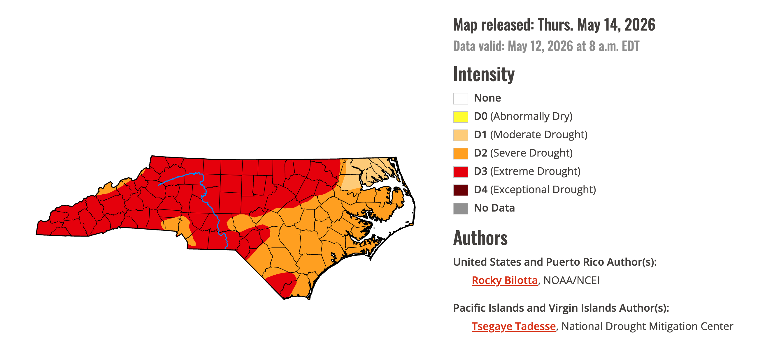 A map showing all 100 counties in North Carolina, and every single one is under a drought classification of D1 or higher.  The bright red (extreme) covers the western half o the state, and a large section of the VA border.  I don't have last week's map, will try to keep these from now on, for comparison.