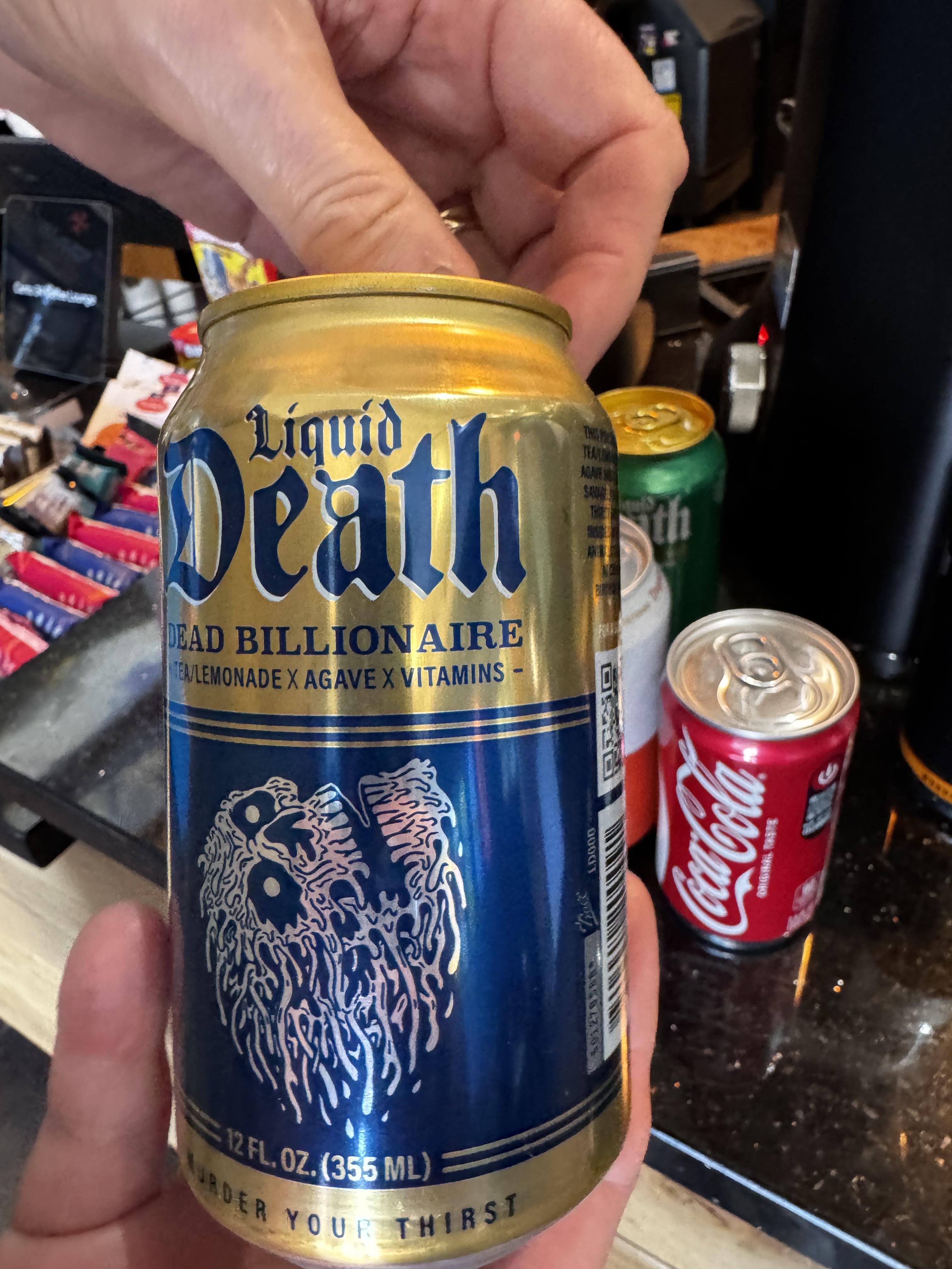 At the Canto 34 coffee house, they had several of a line of soft drinks called "Liquid Death," guaranteed to "Murder Your Thirst" and running the gamut from water, to fizzy water to various lemonade-based drinks.

My favorite was in a gold and blue can, and labeled "Dead Billionaire" and I am 100% there for it.  Although I didn't purchase it.