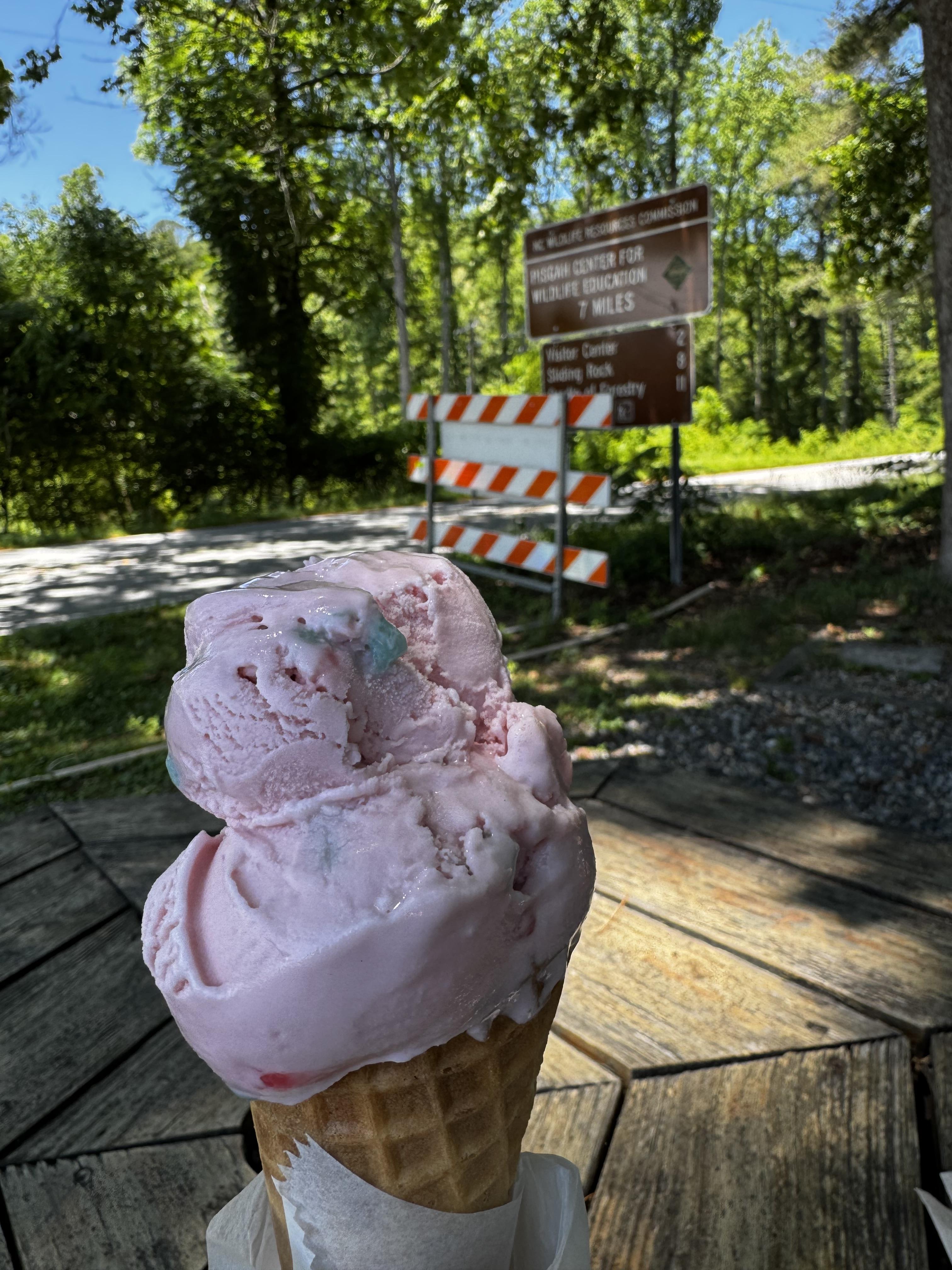 A close up of my ice cream cone (peppermint) while behind and out of focus is 276, going up into Pisgah National Forest.  Lots of things to do and see, which on a Saturday after school has ended for the year we will not be doing or seeing.

Excellent ice cream.